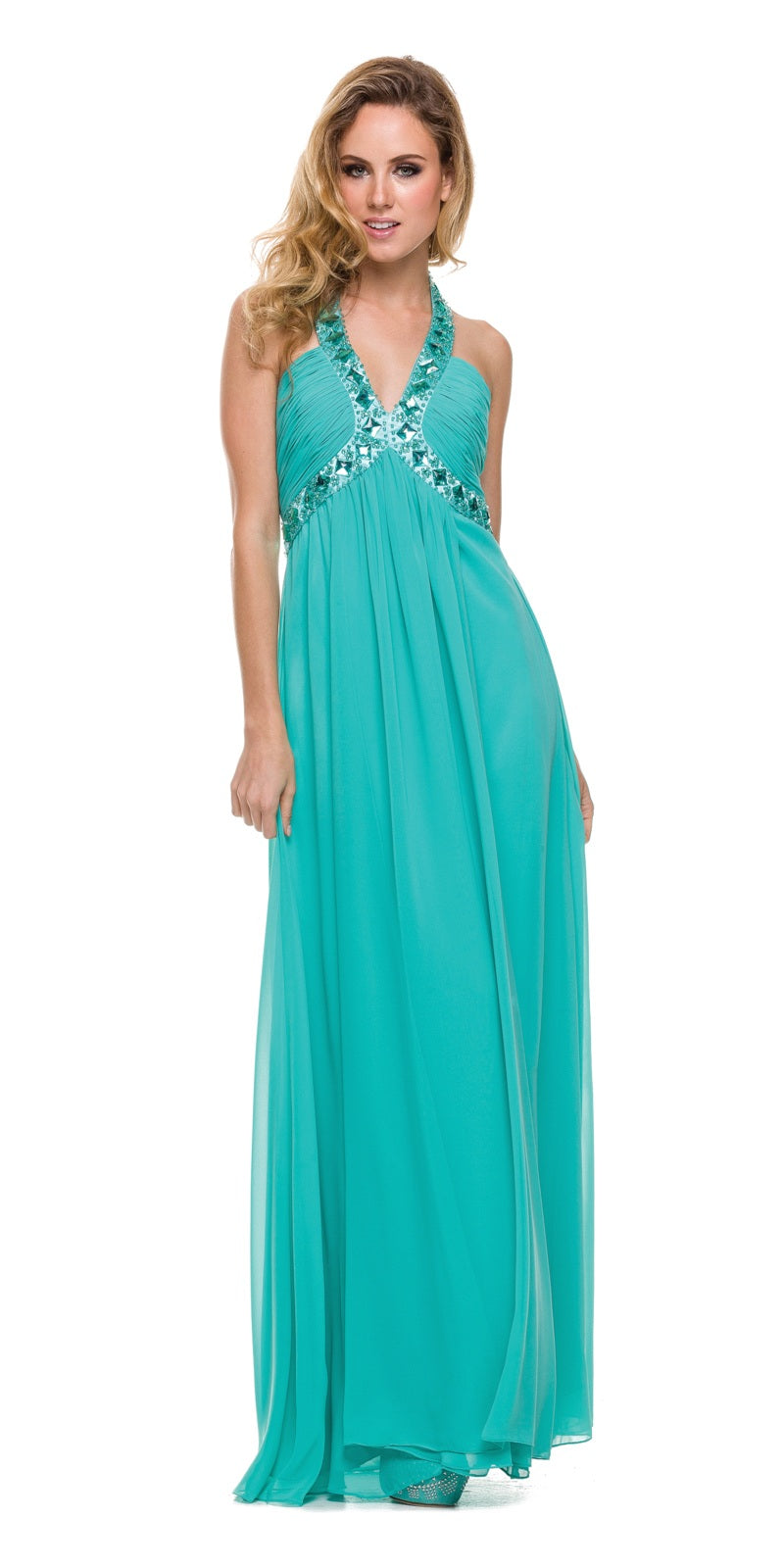 Jade Empire Silhouette Formal Dress Jeweled V Neck Ruched Bodice ...