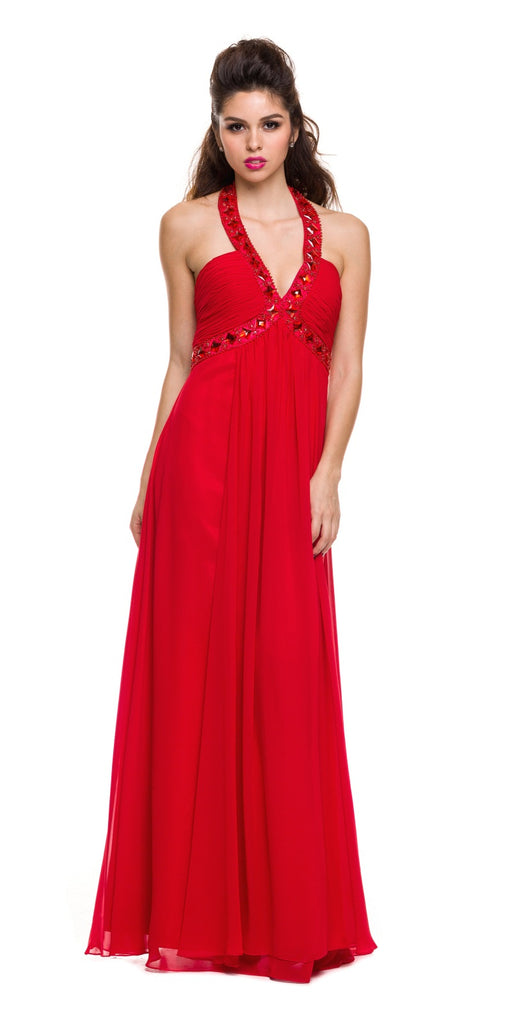 Empire Silhouette Formal Dress Jeweled V Neck Ruched Bodice ...