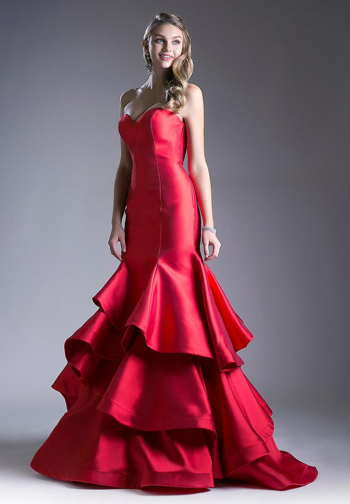 Red Strapless Layered Mermaid Long Prom Dress Corset Back