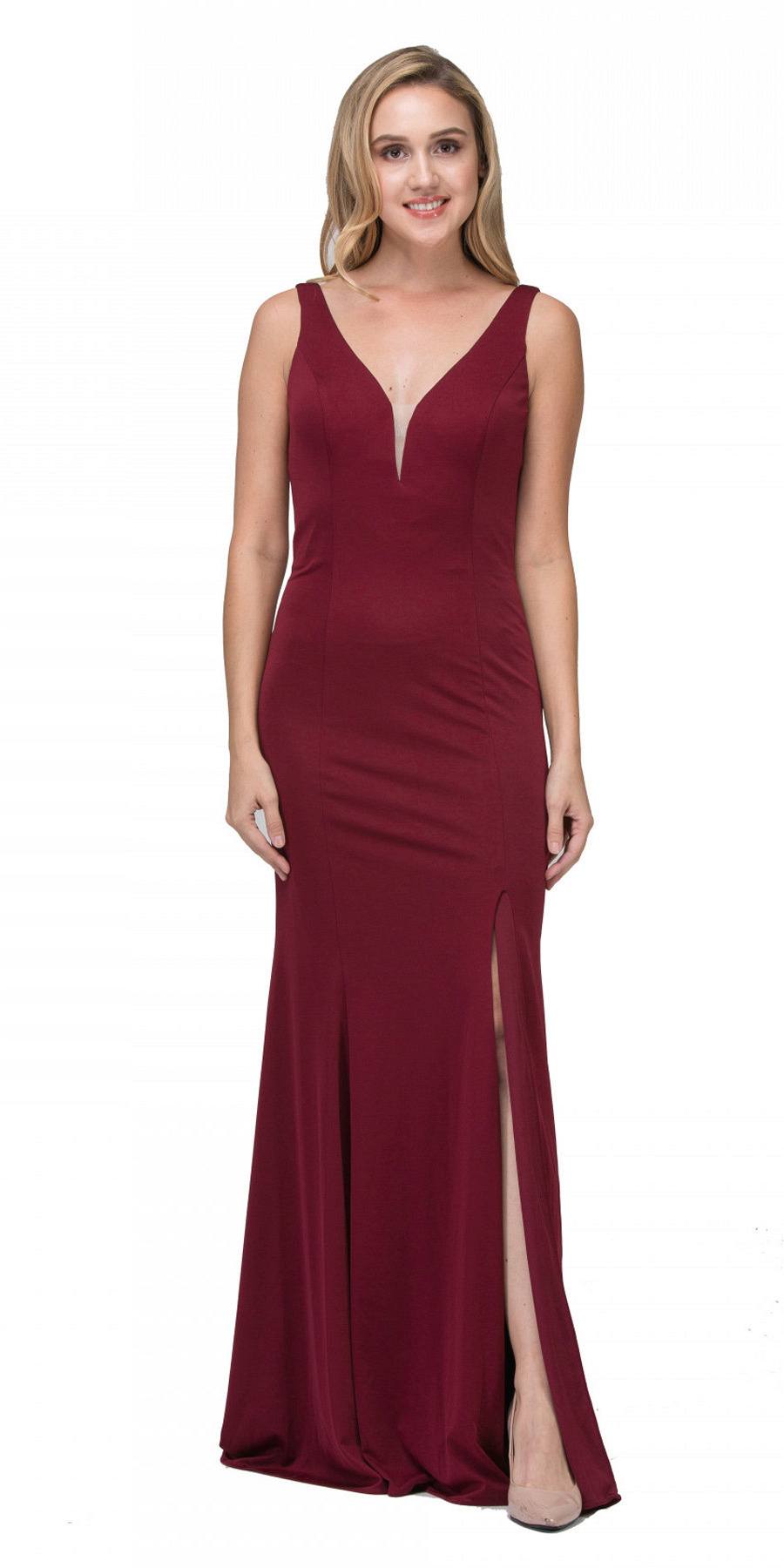Starbox USA 17213 Burgundy V-Neck ITY Long Formal Dress with Slit
