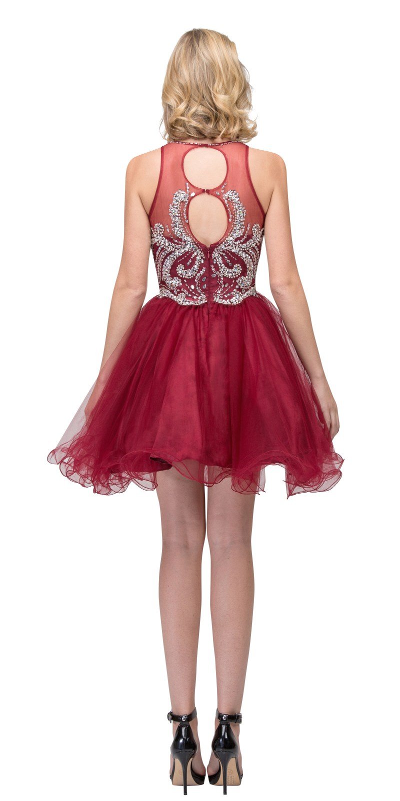 Bead Embellished Short Prom Dress Cut-Out Back Burgundy