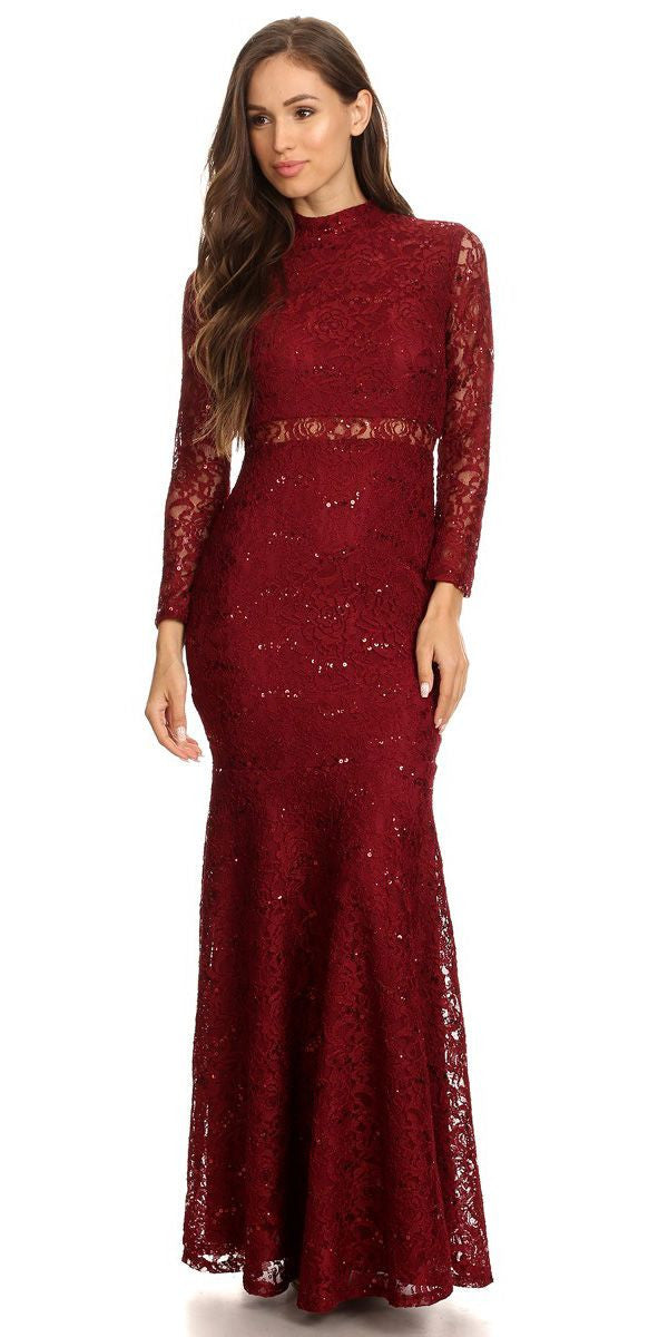 Long Sleeve Lace Full Length Dress Burgundy Mock 2 Piece High Neck ...