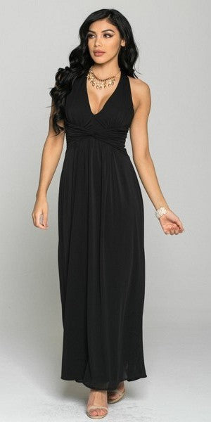 V-Neck Long Semi Formal Dress Empire Waist Black – DiscountDressShop