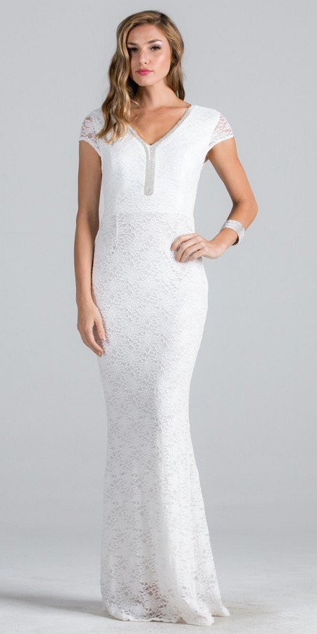 Off White Short Sleeves Long Fitted Formal Dress Cut Out ...