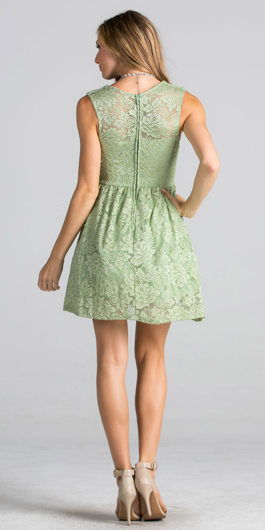 Sage Green Lace Short Cocktail Dress V-Neck Sleeveless – DiscountDressShop