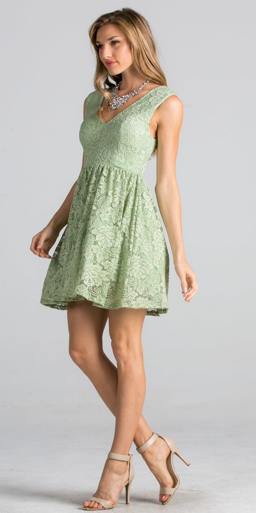 Sage Green Lace Short Cocktail Dress V Neck Sleeveless Discountdressshop 