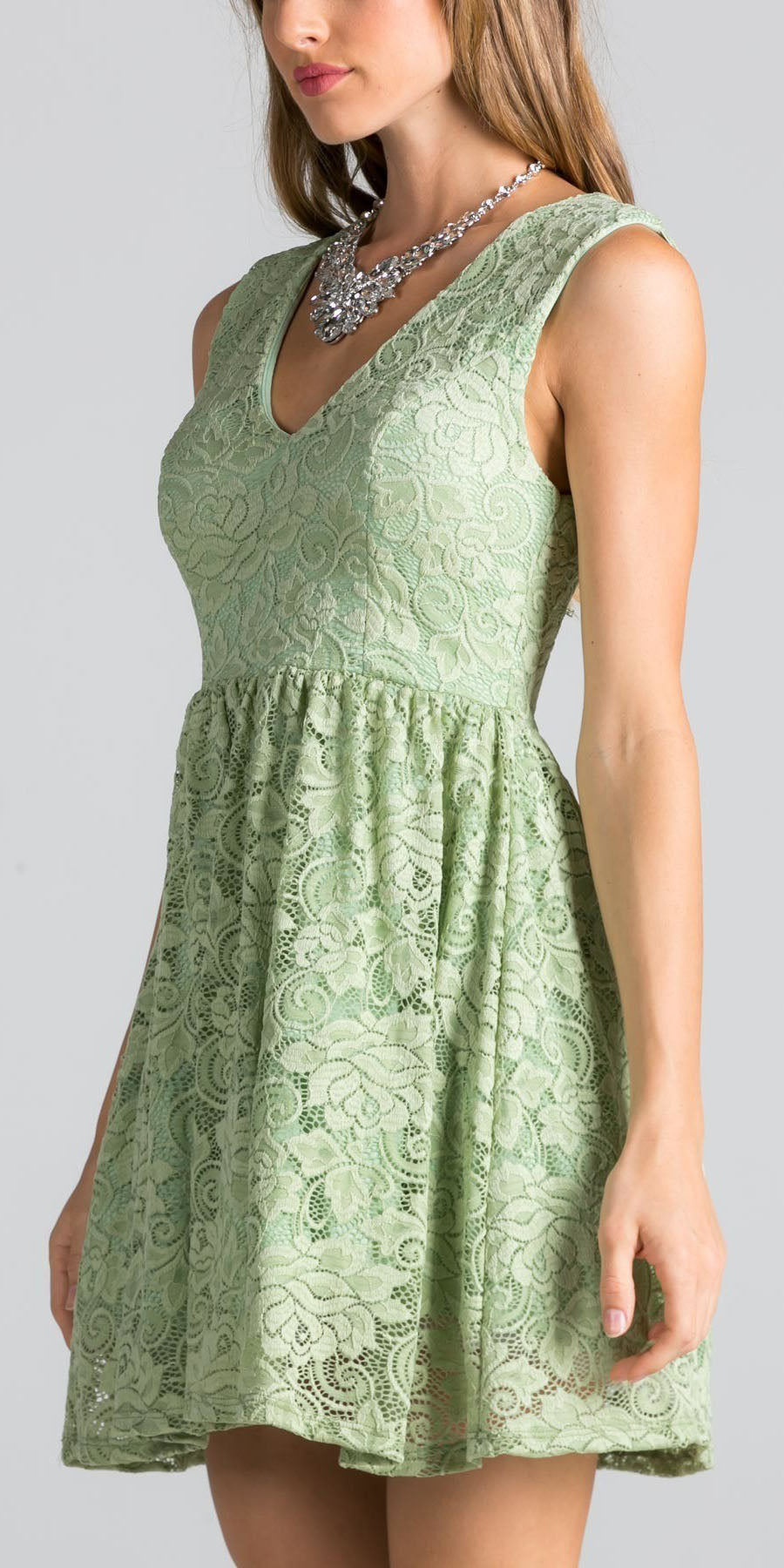 Sage Green Lace Short Cocktail Dress V-Neck Sleeveless – DiscountDressShop