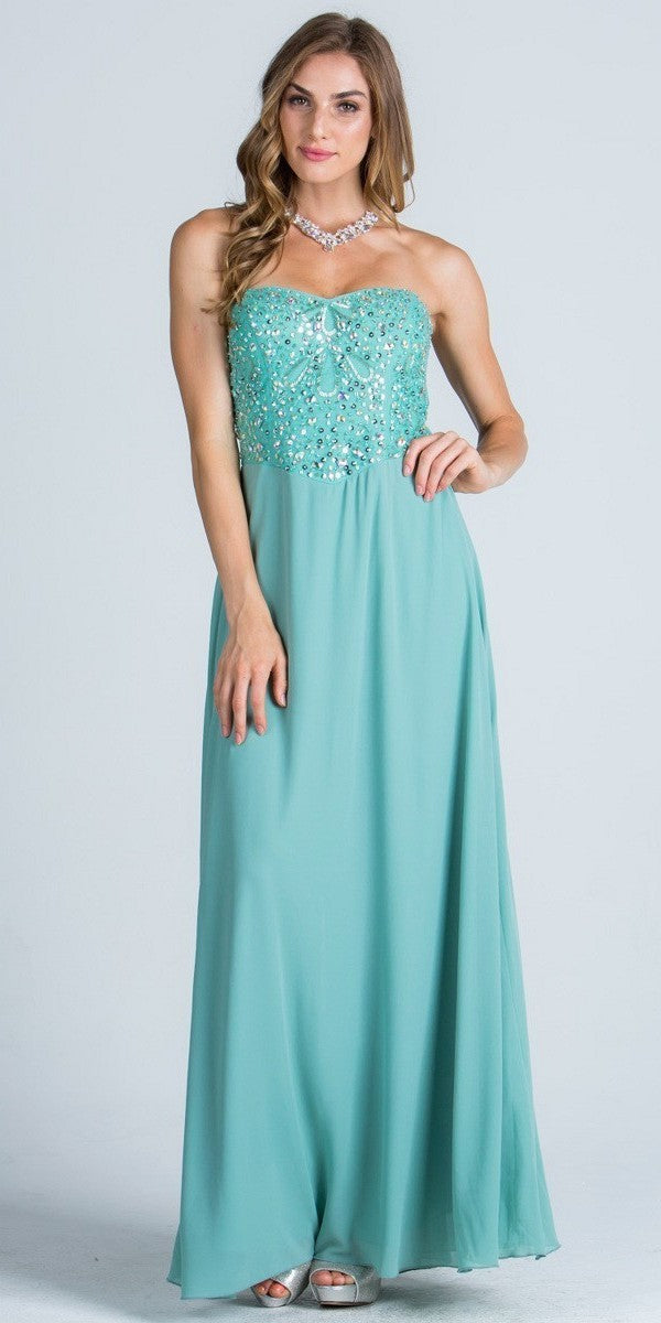 Teal Strapless A-Line Long Formal Dress Beaded Bodice – DiscountDressShop