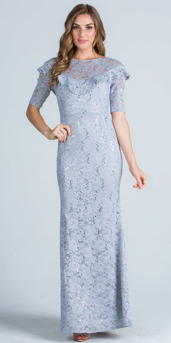 La Scala 24483 Illusion Ruffled Neckline Long Formal Dress Short Sleeves