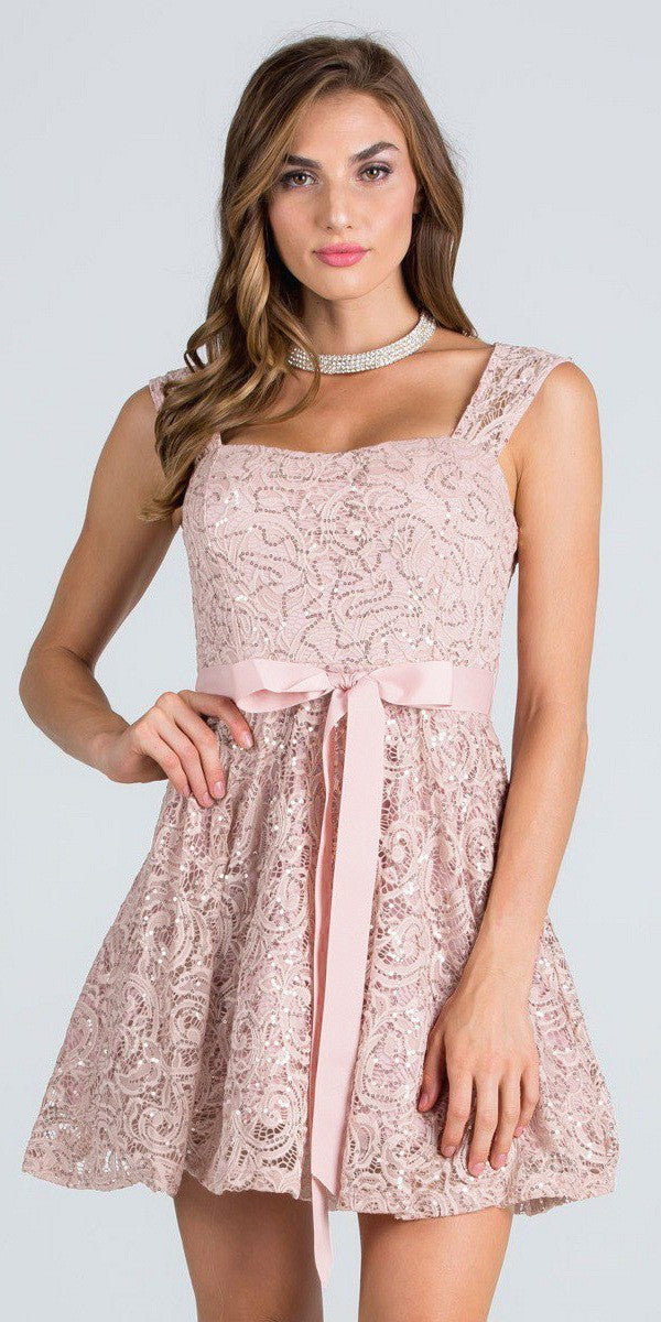 Taupe Sequins-Lace Cocktail Dress with Ribbon Sash Belt – DiscountDressShop