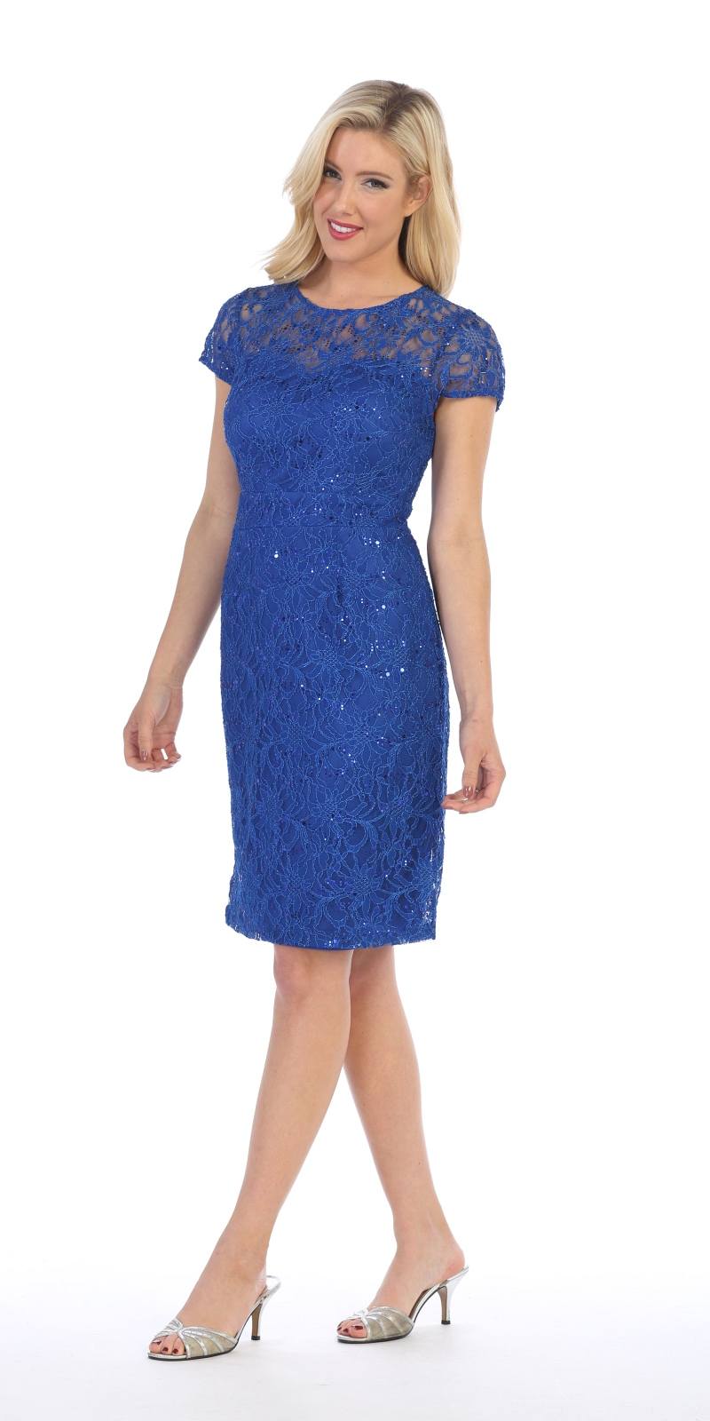 Lace Short Sleeves Knee-Length Cocktail Dress with Sequins Royal Blue ...