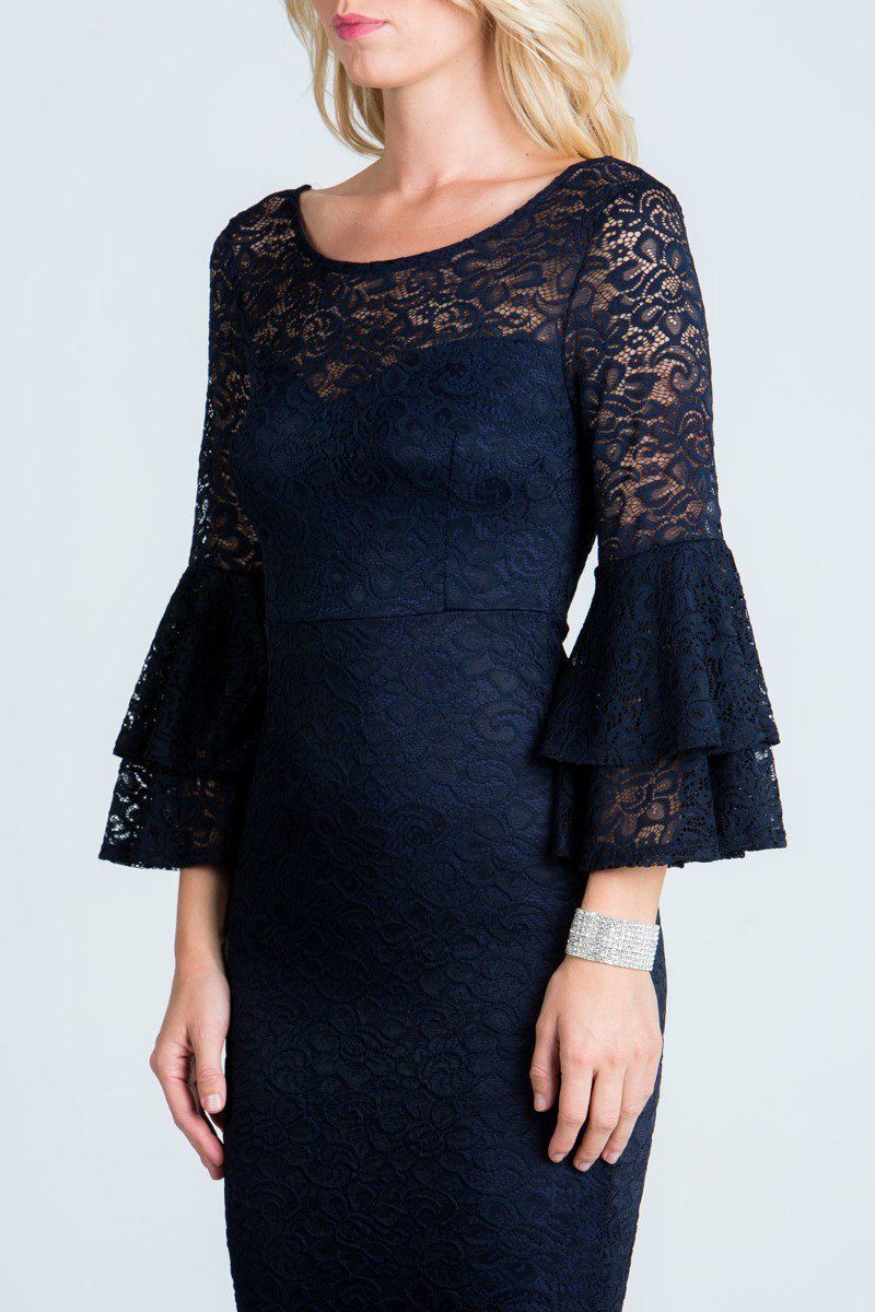 Navy Blue Scoop Neck Lace Fitted Short Cocktail Dress with Bell Sleeve