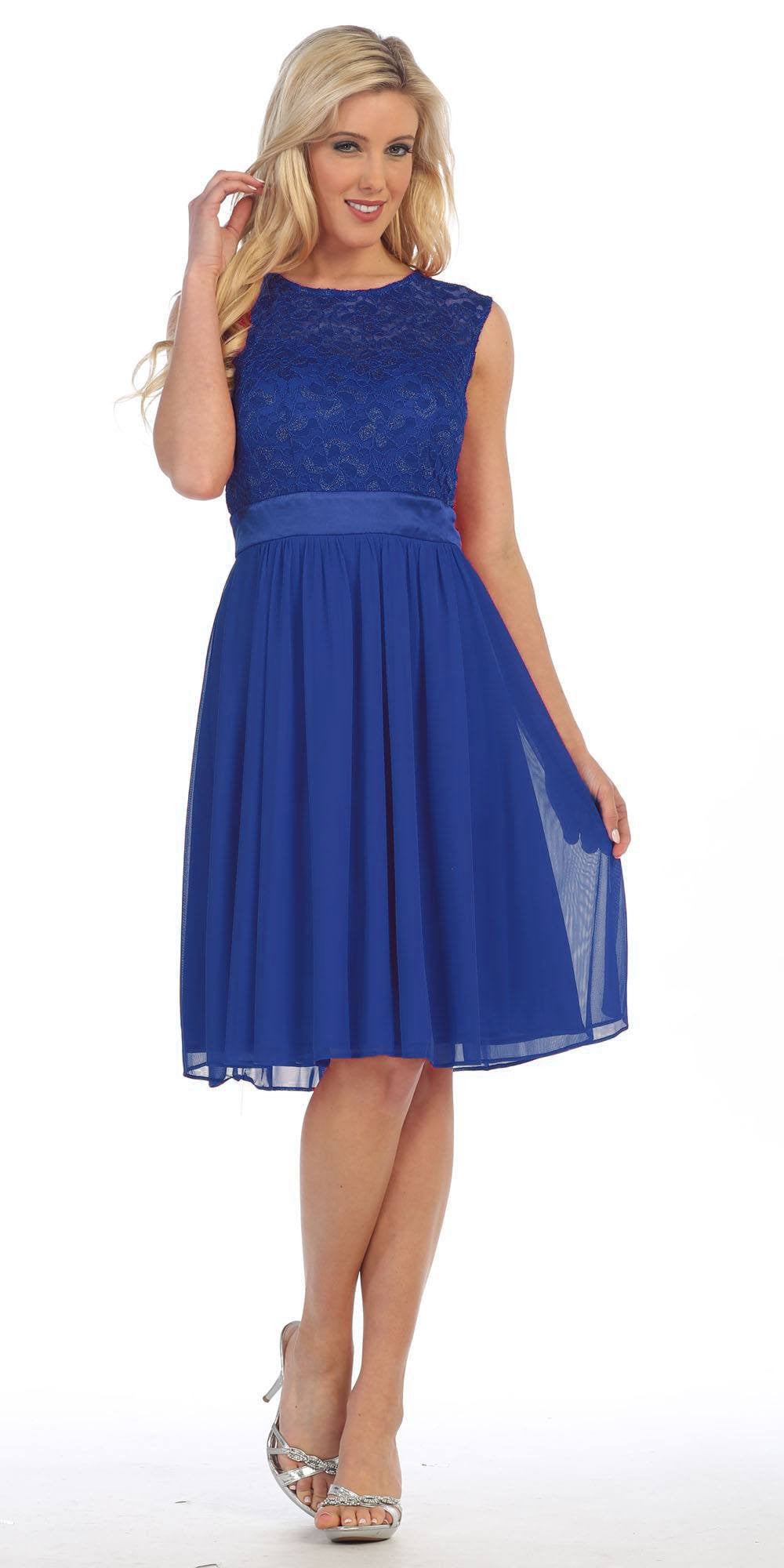 Knee Length Sleeveless Royal Blue Dress Lace Top Chiffon Skirt