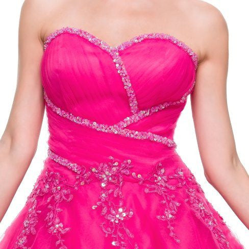 Poofy Fuchsia Quinceanera Tulle Dress A Line Strapless Beading ...