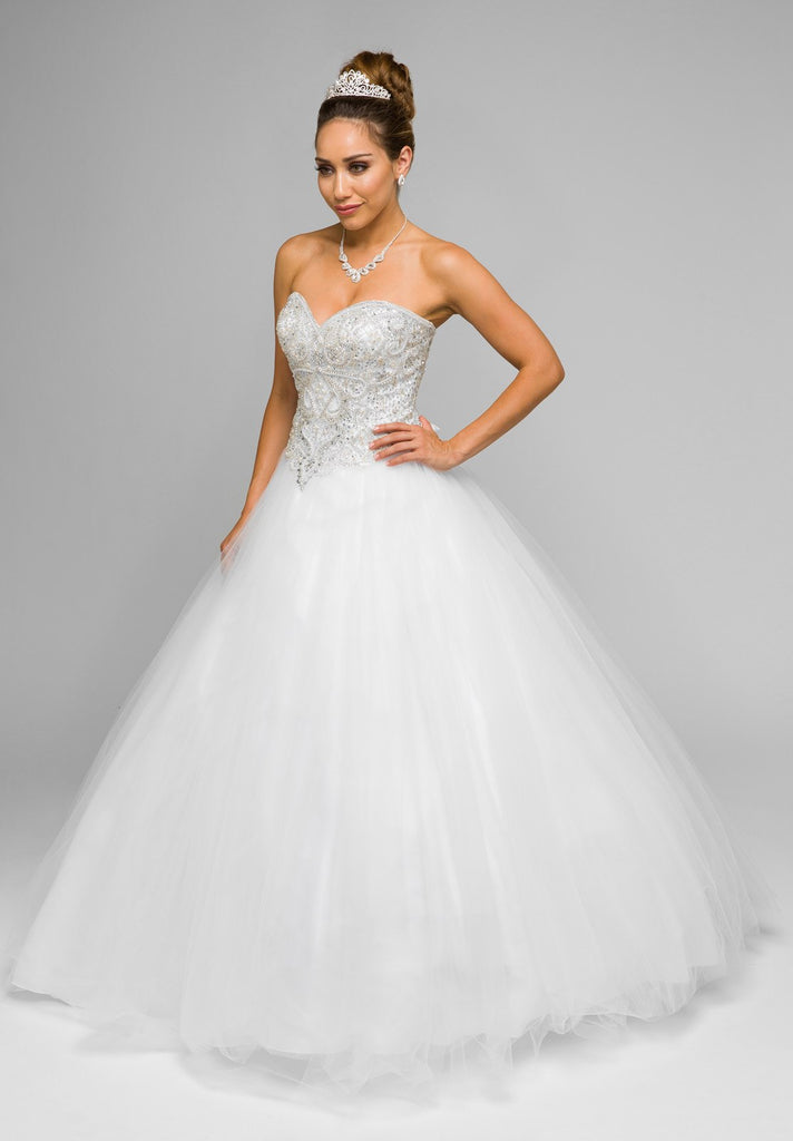 White Beaded Bodice Strapless Ball Gown Poofy Dress with Bolero ...