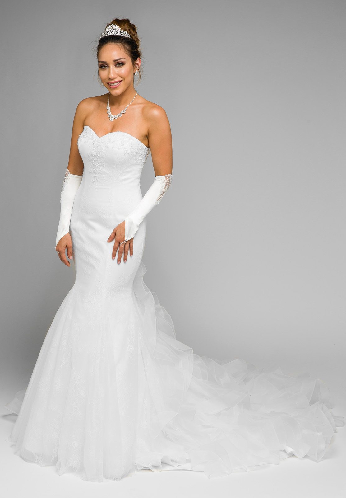 White Strapless Mermaid Wedding Gown with Ruffled Chapel Train