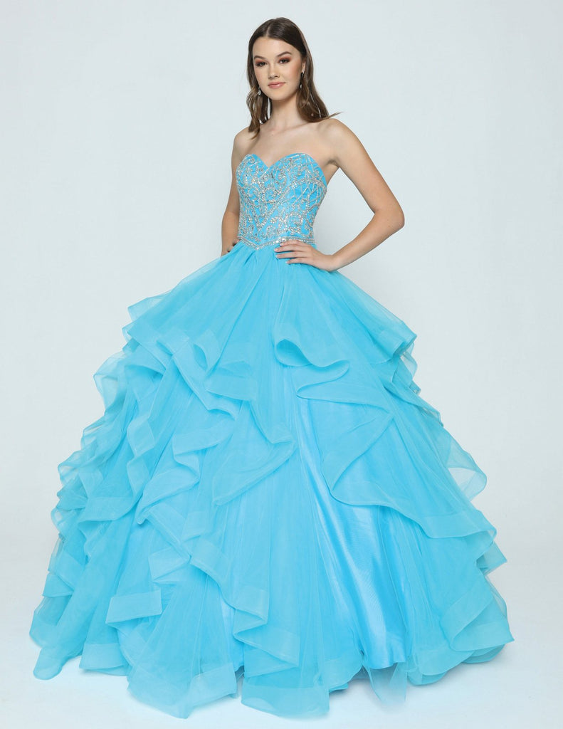 Juliet 369 Turquoise Strapless Tiered Quinceanera Dress Beaded ...