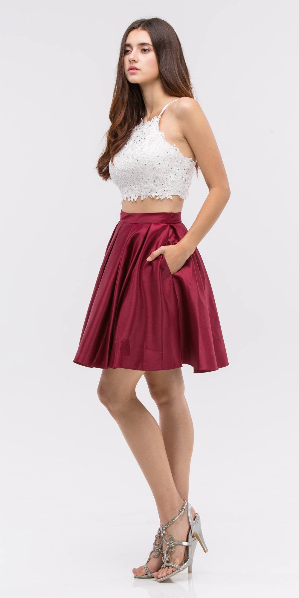 Lace Crop  Top  Pleated Skirt  Navy White Two Piece 