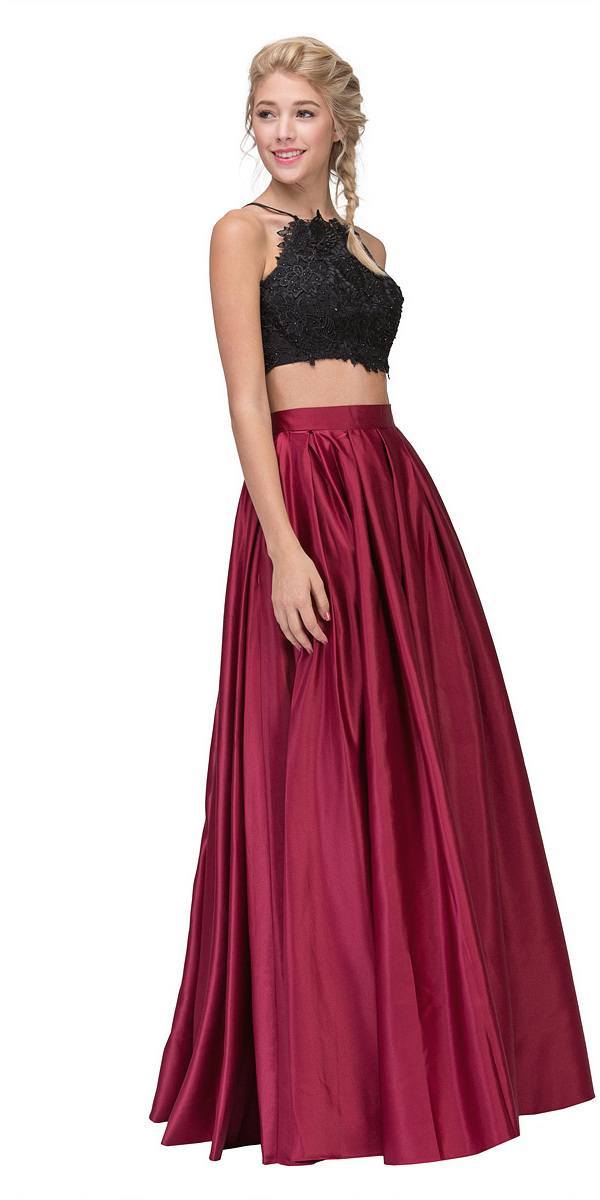 red long skirt and black top