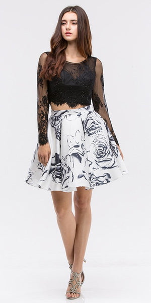 White/Black Long Sleeves Two-Piece Homecoming Dress Print Skirt with P ...