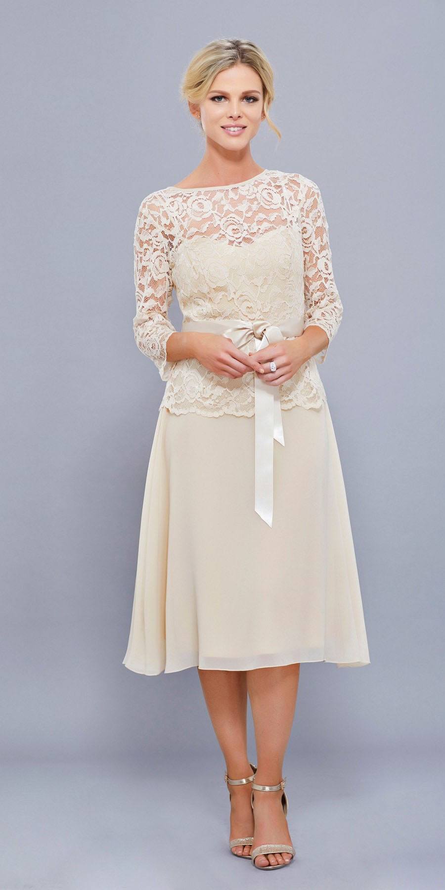 Knee Length Blush/Tan Bridesmaid Dress Mid Lace Sleeves ...