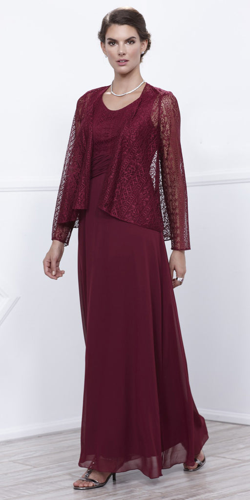 Long Burgundy Dress Scoop Neck A-Line Sleeveless with Lace Jacket ...