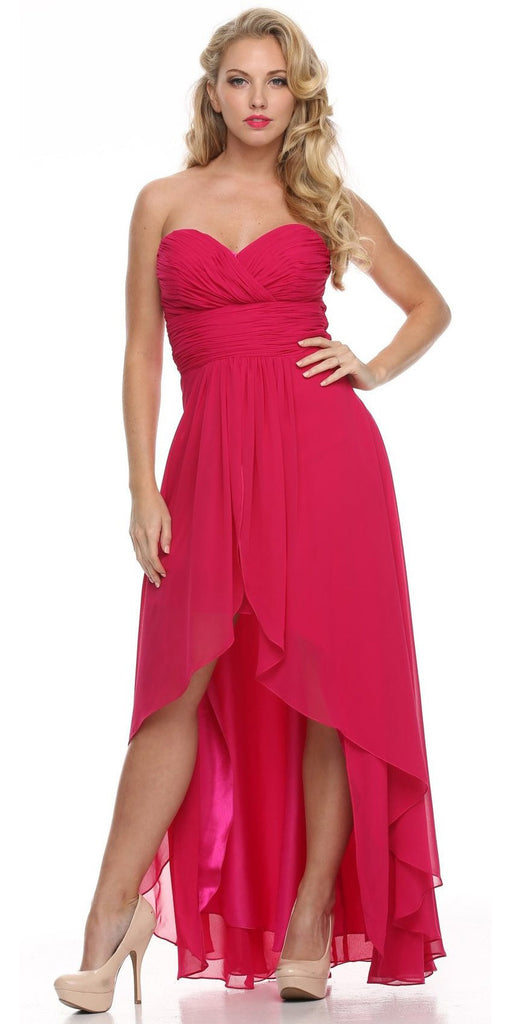 High Low Ruched Bodice Strapless Layered Coral Bridesmaid Dress ...