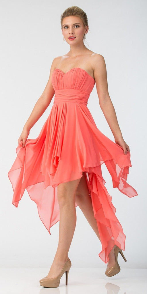 Multi Layer Chiffon Bridesmaid Dress Coral High Low Strapless ...