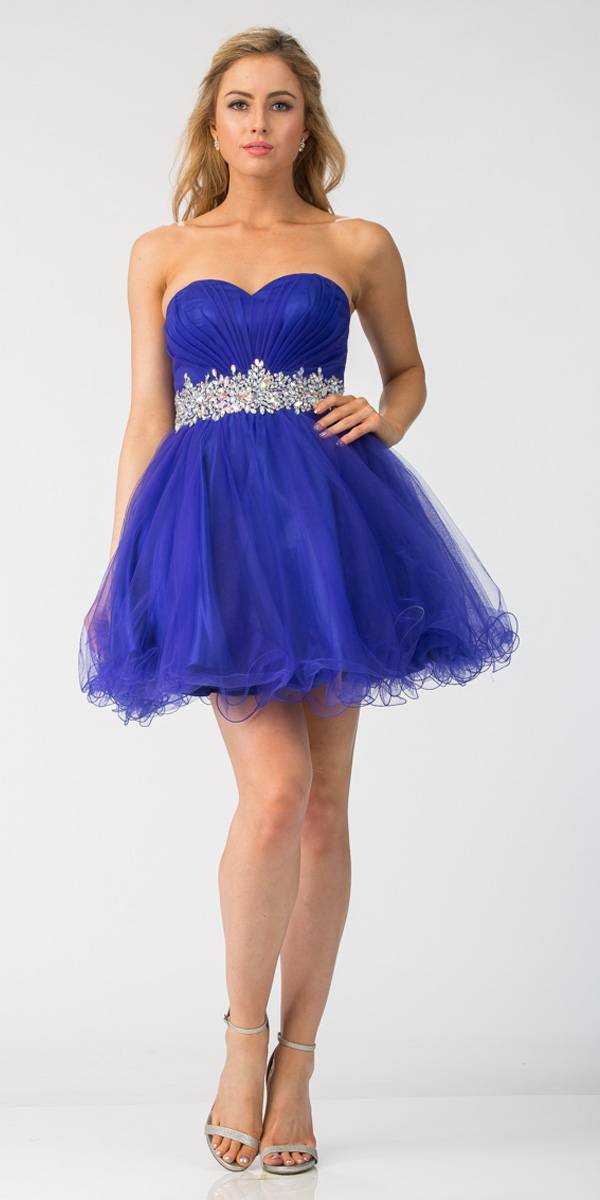 Ruched Bodice Studded Waist Peach Short Poofy Homecoming Dress ...