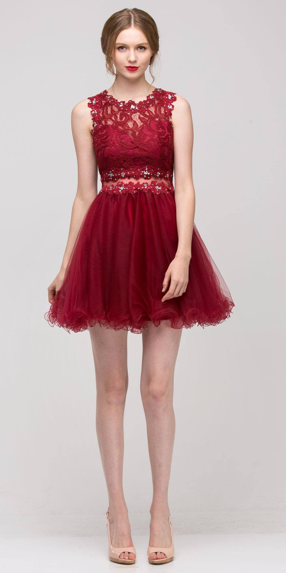 Mock 2 Piece Burgundy  Dress  Short  Poofy Skirt Lace Top 