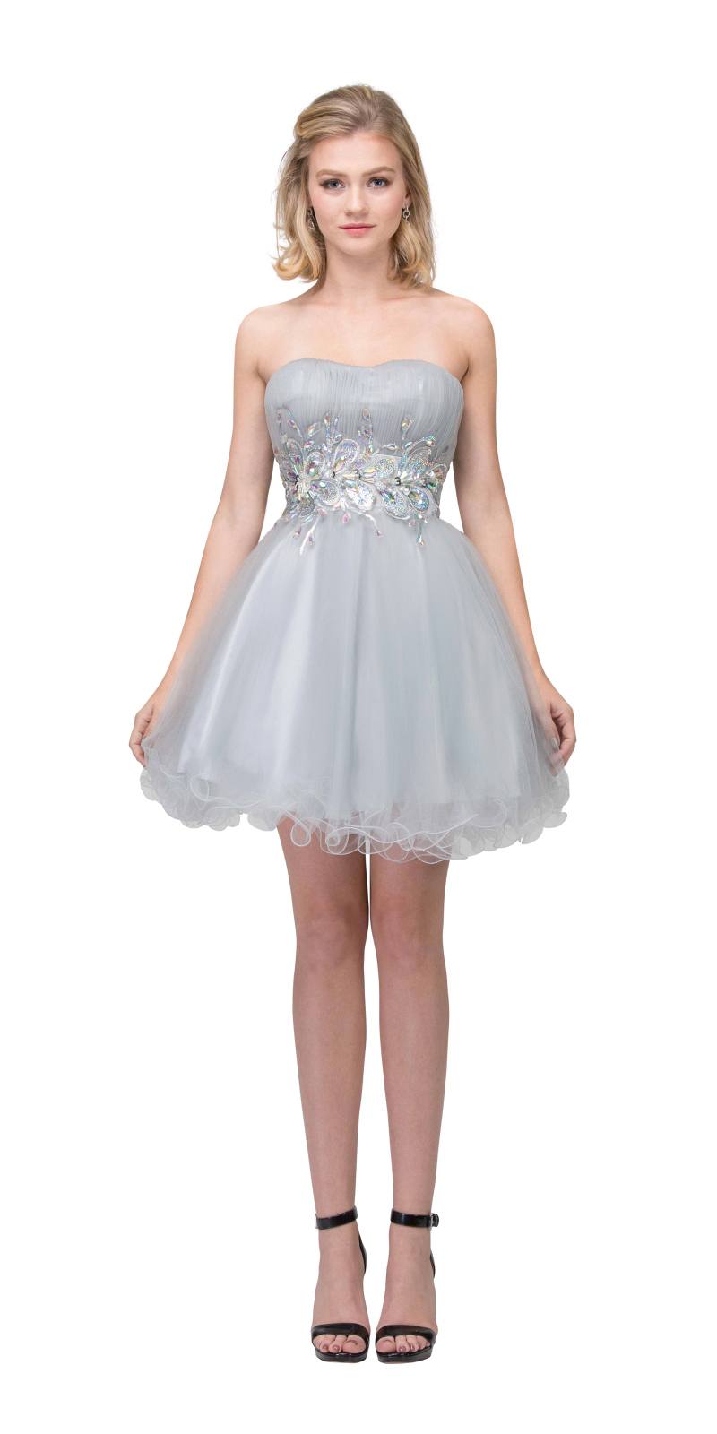 Poofy Short Homecoming Dress White Strapless A Line Sequins ...