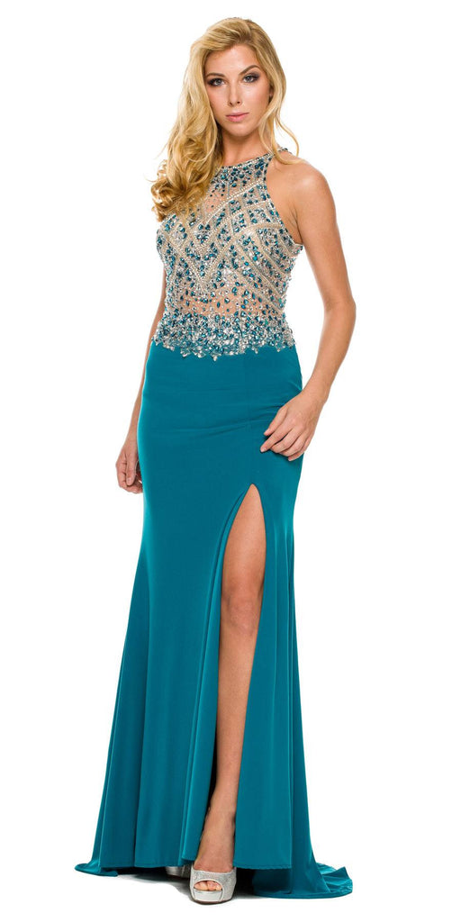 Sexy Long Sheath Prom Dress Teal Green Slit Rhinestone/Bead Top ...