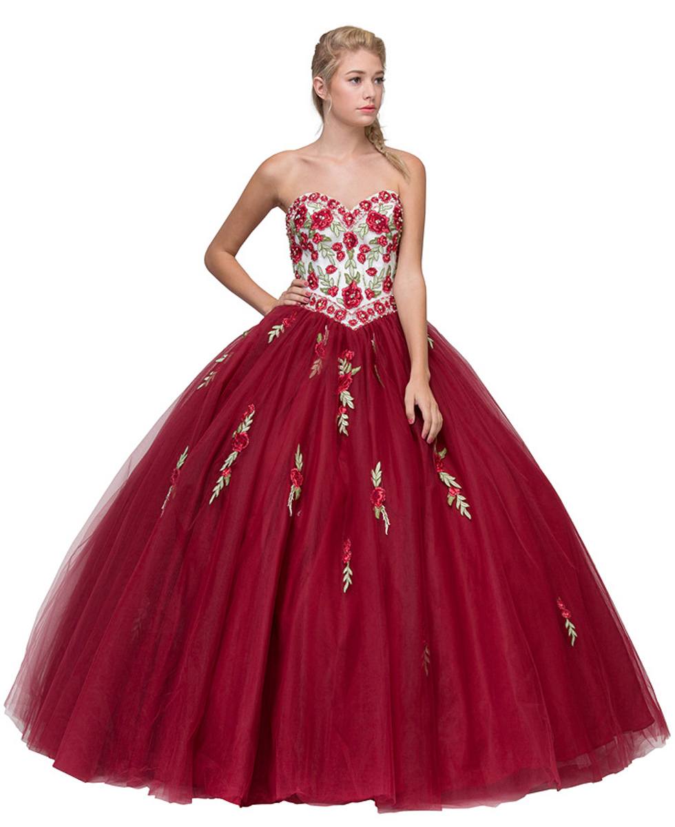 burgundy and white quinceanera dress