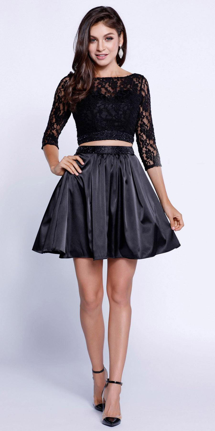 Quarter Sleeves Lace Top Short Two-Piece Prom Dress Black ...