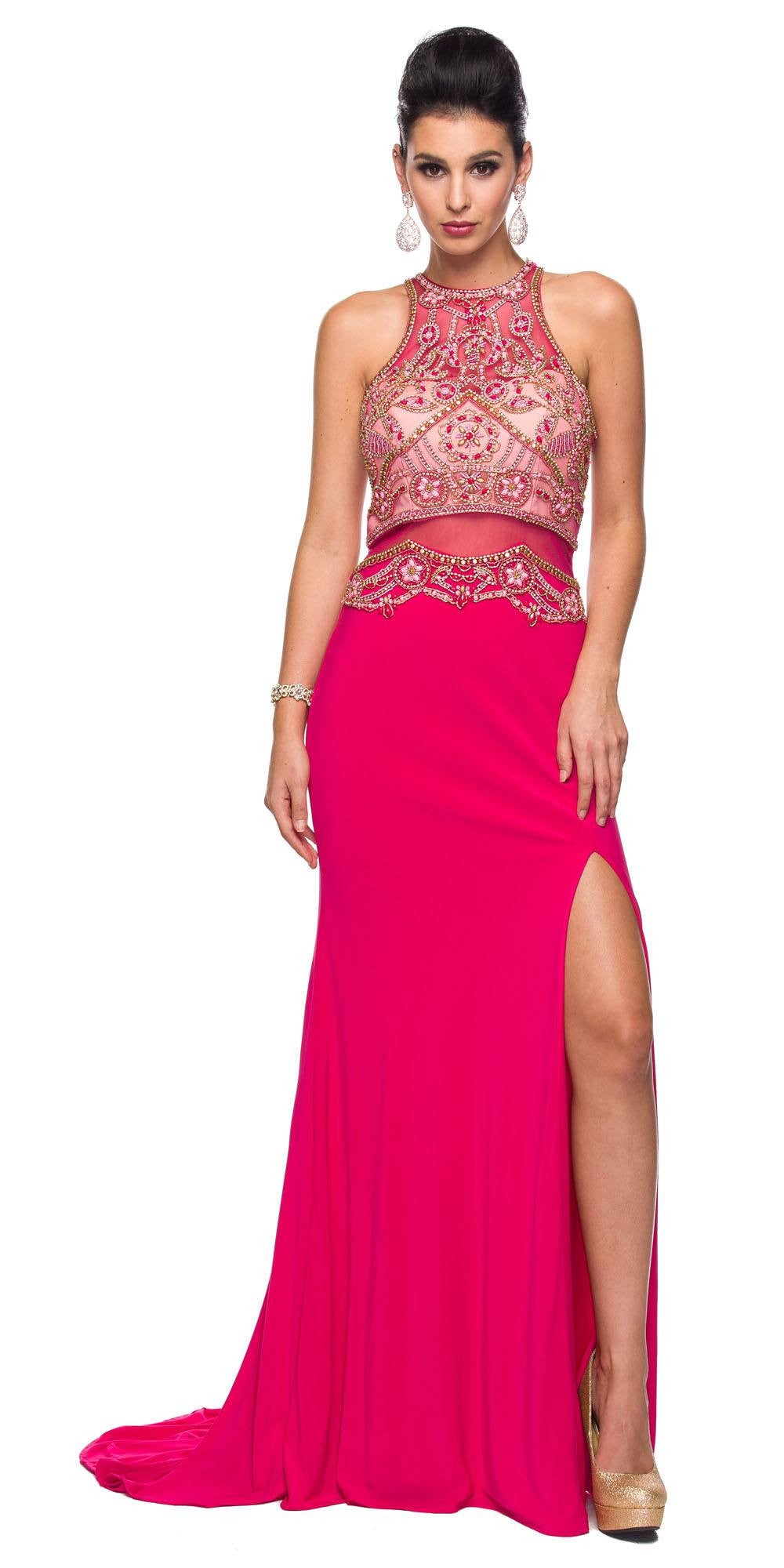 Juliet 617 Embellished Bodice Sheer Midriff Evening Gown Fuchsia ...