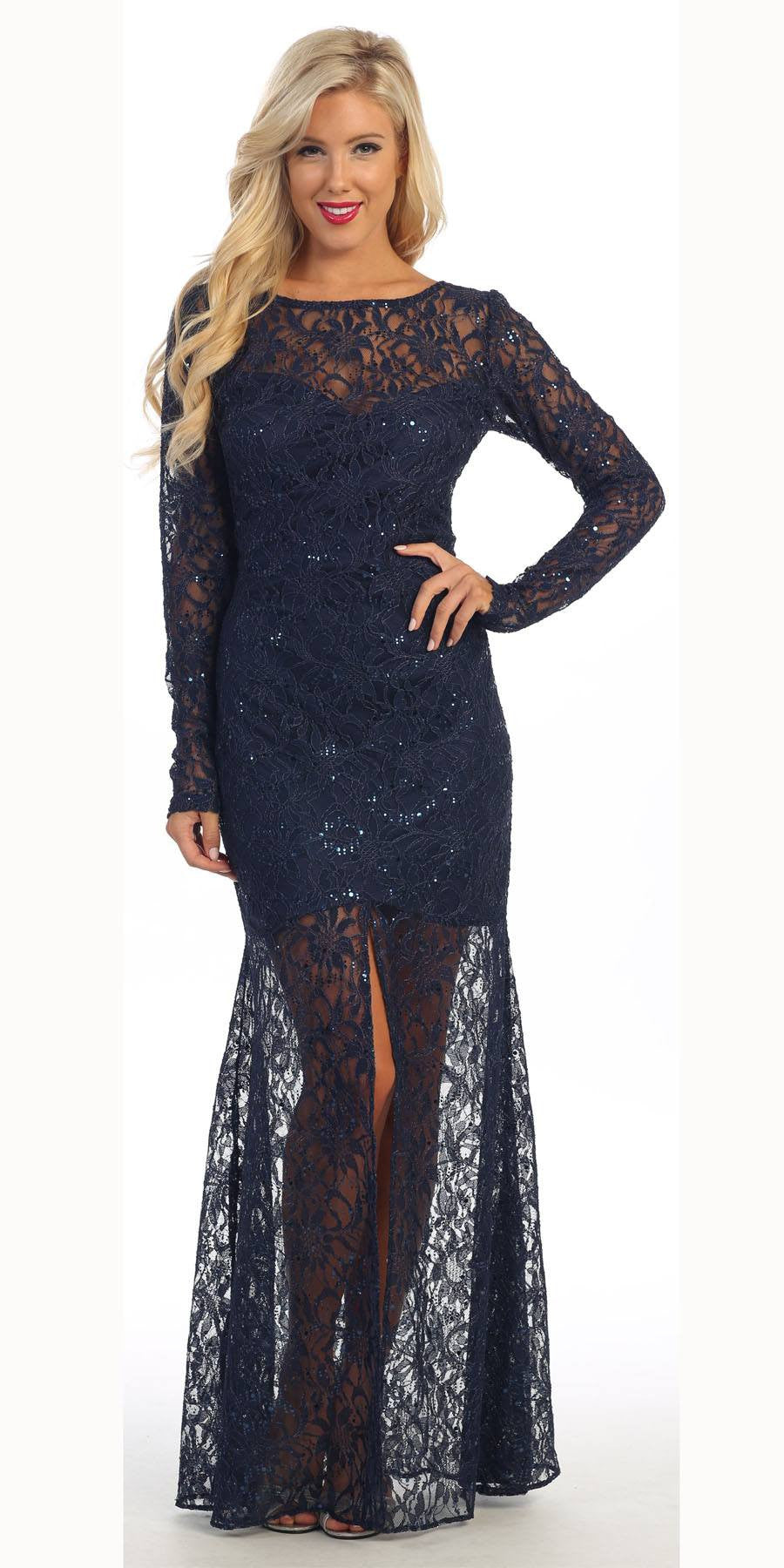 Long Lace Semi Formal  Gown Navy Blue  Long Sleeve Illusion 