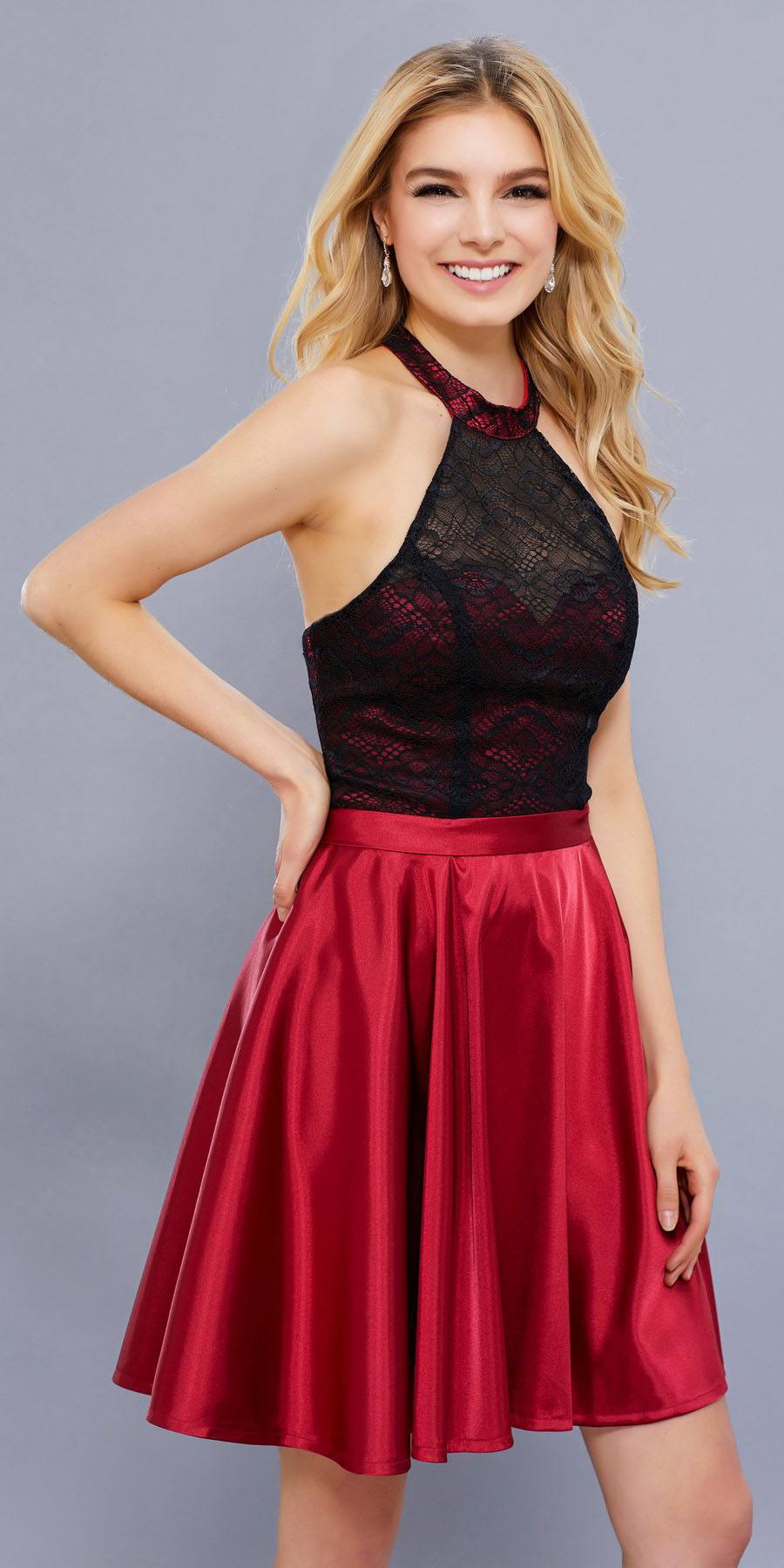 red satin halter dress