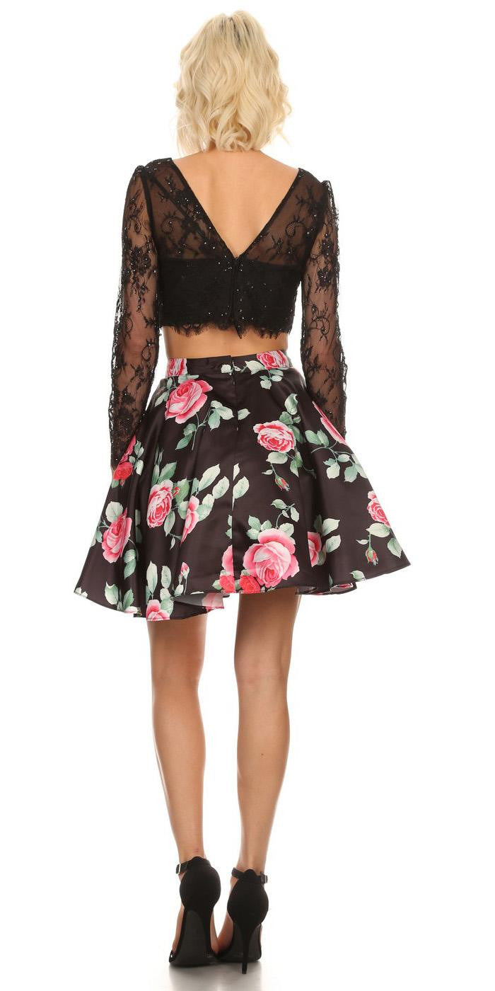 Long Sleeves Two-Piece Short Prom Dress Floral Printed Skirt Black ...