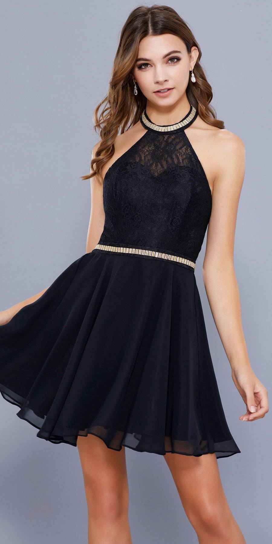 Black Halter A-line Short Homecoming Dress Embellished Waist ...