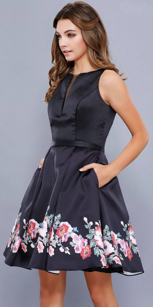 Sleeveless Floral Printed Short Prom Dress With Pockets Black Discountdressshop 2455