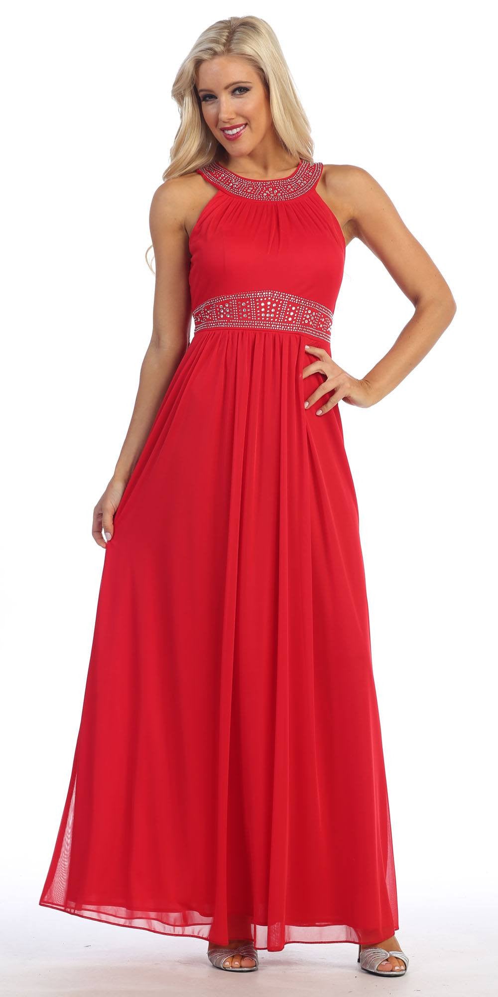 Red Empire Waist A Line Long Formal Dress Beaded Neckline And Waist Discountdressshop 