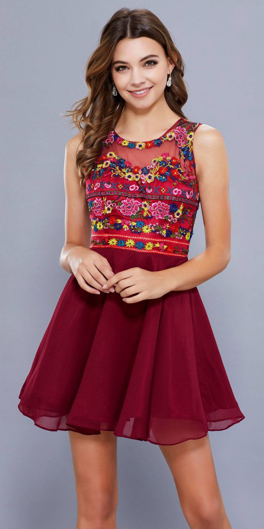 Sleeveless Floral  Embroidered Top Illusion Short Prom  