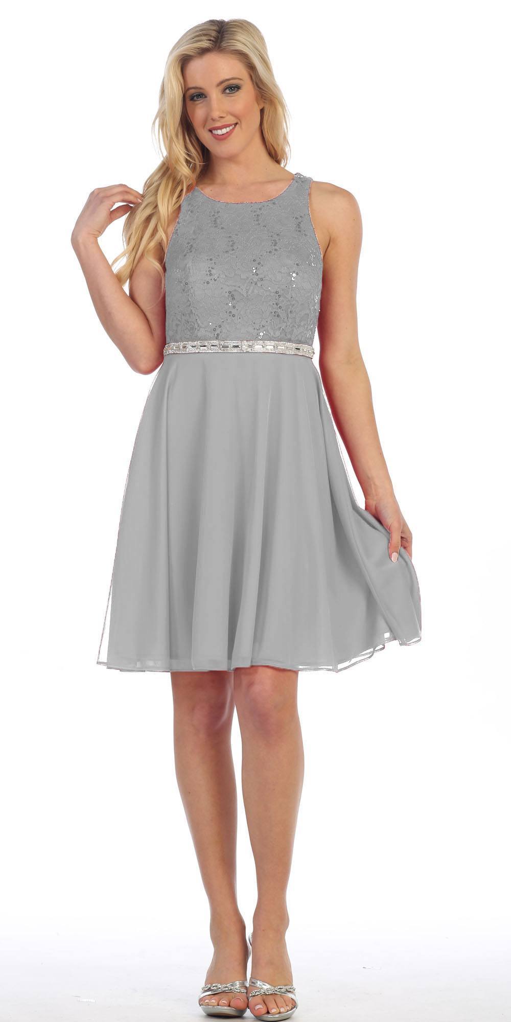 Celavie 6253 Scoop Neck Lace Top Knee Length Cocktail Dress Silver Discountdressshop 