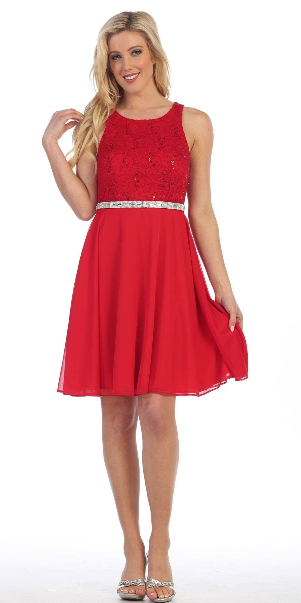 Red Lace Bodice Sleeveless Short Cocktail Dress Embellished Waist
