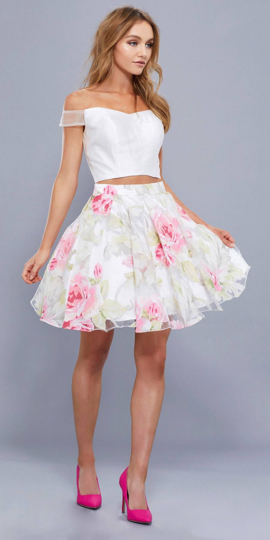 Floral Print Skirt  Off Shoulder Crop  Top  Two Piece 