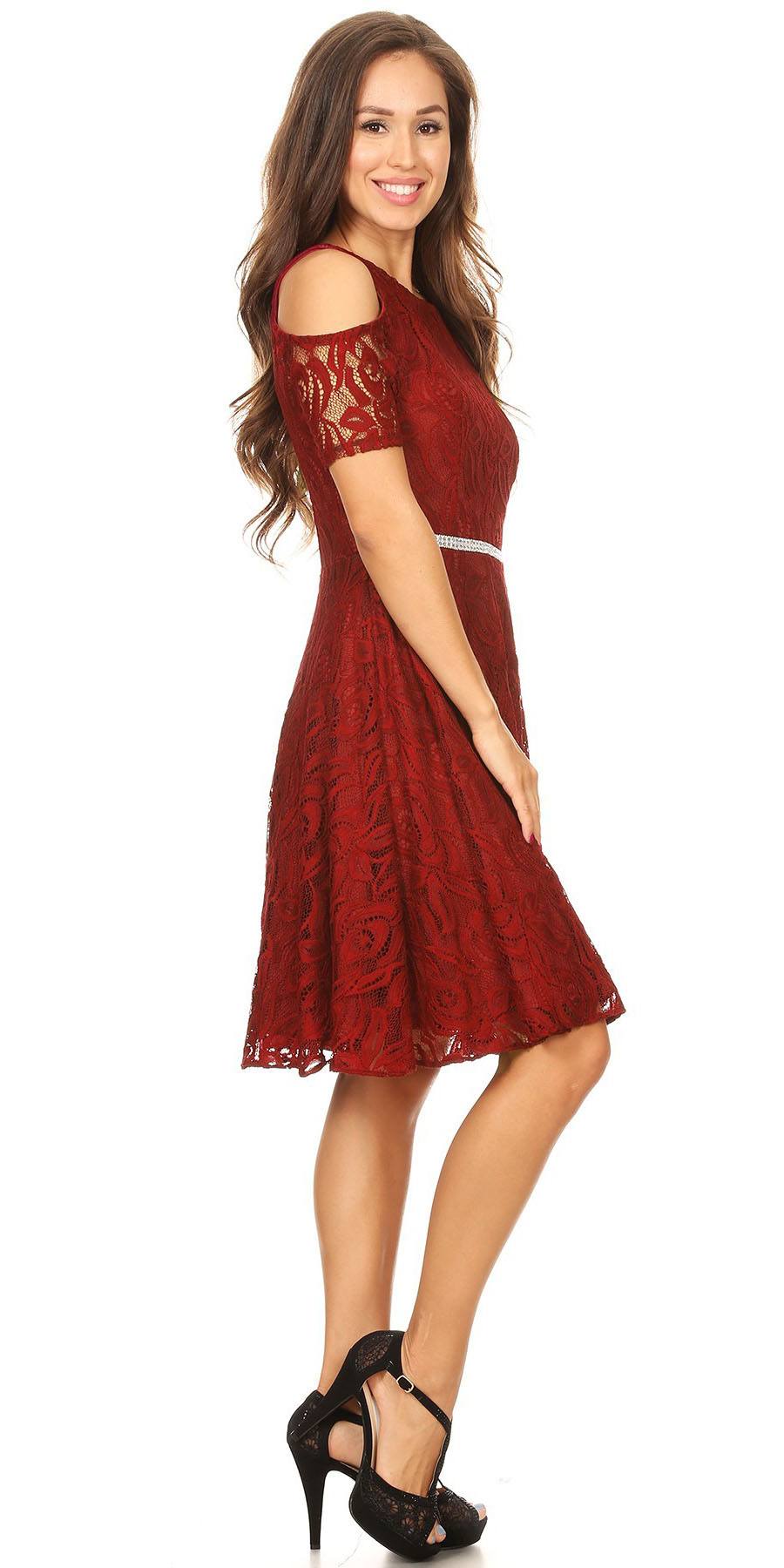 Burgundy Lace A-Line Wedding Guest Dress Cold Shoulder Short Sleeves