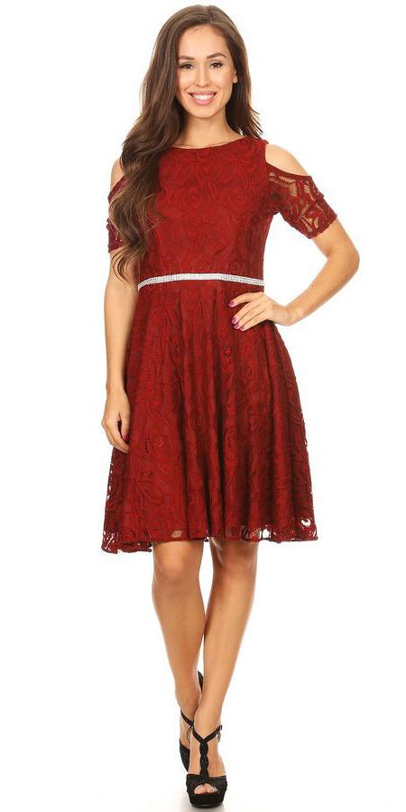 Burgundy Lace A-Line Wedding Guest Dress Cold Shoulder Short Sleeves ...