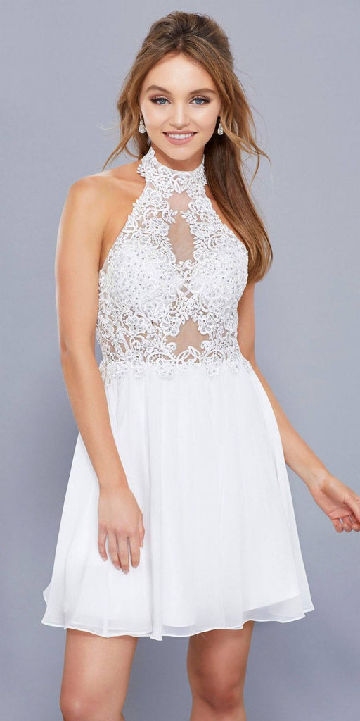 White Appliqued Halter Top Short Cocktail Dress Open Back Discountdressshop 7741