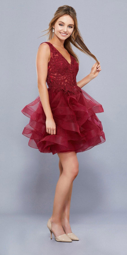 Deep V-Neck Appliqued Bodice Ruffled Skirt Short Prom Dress Burgundy ...