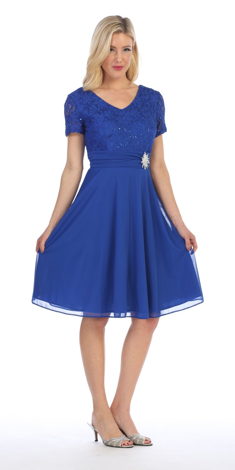 Celavie 6320 - Knee Length Mocha Dress With Short Sleeves Lace Bodice ...